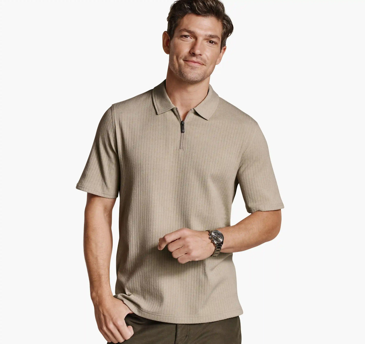 Finn Ribbed Zip Polo - Stone