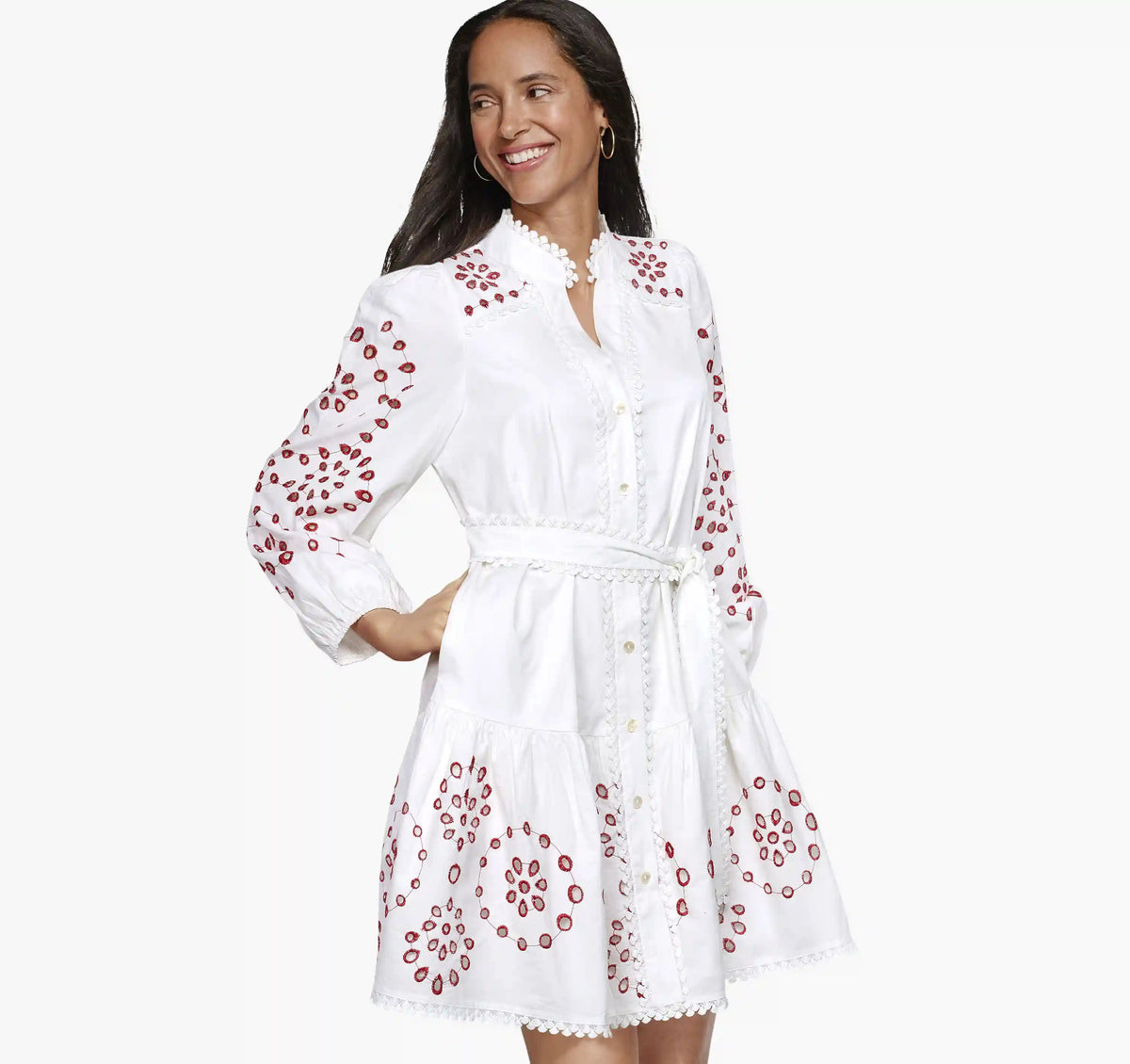 Game Day Button-Front Eyelet Dress - White/Red