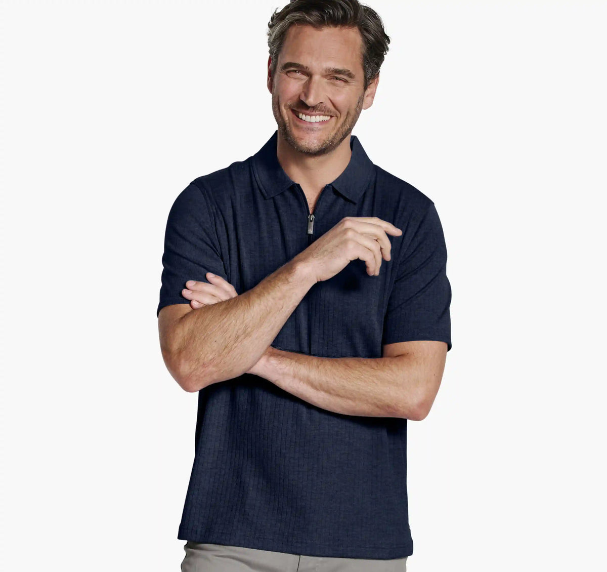 Finn Ribbed Zip Polo - Navy