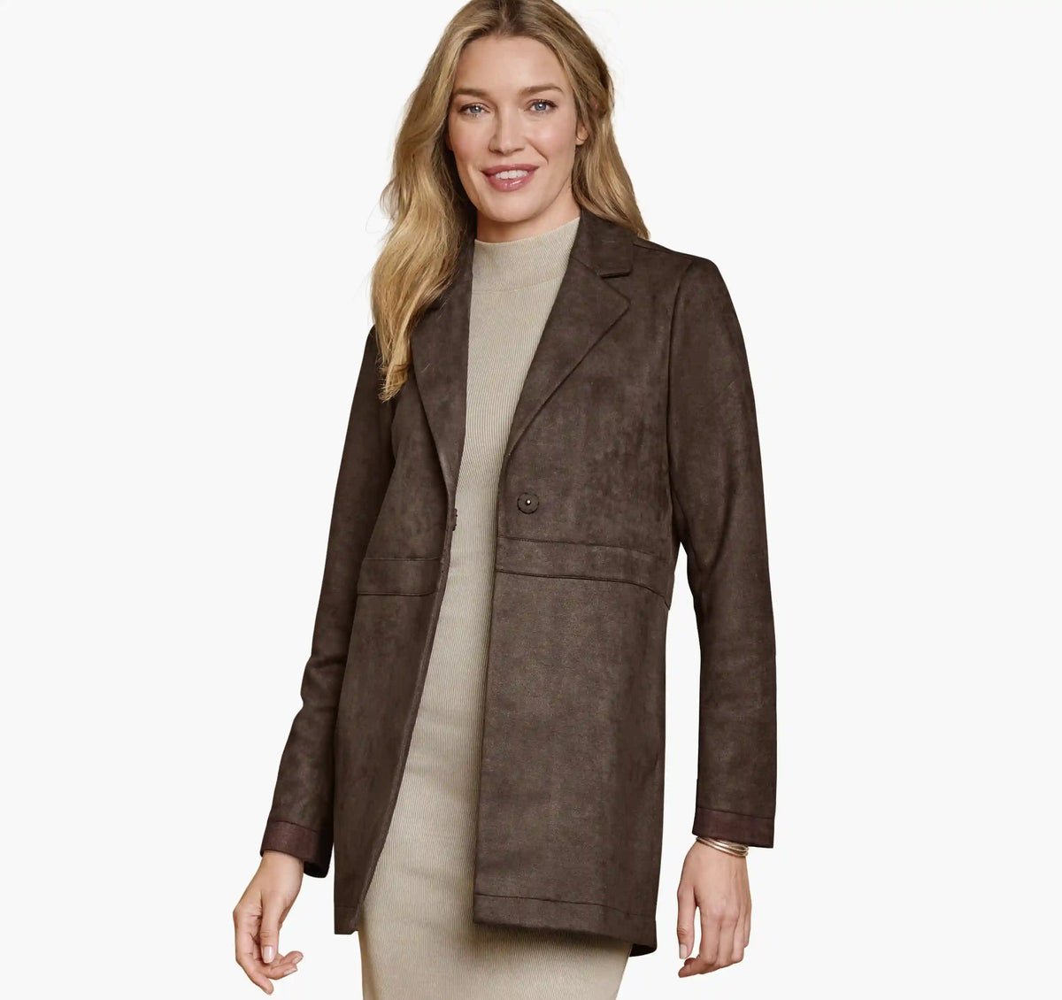 Faux-Suede Long Blazer - Dark Brown
