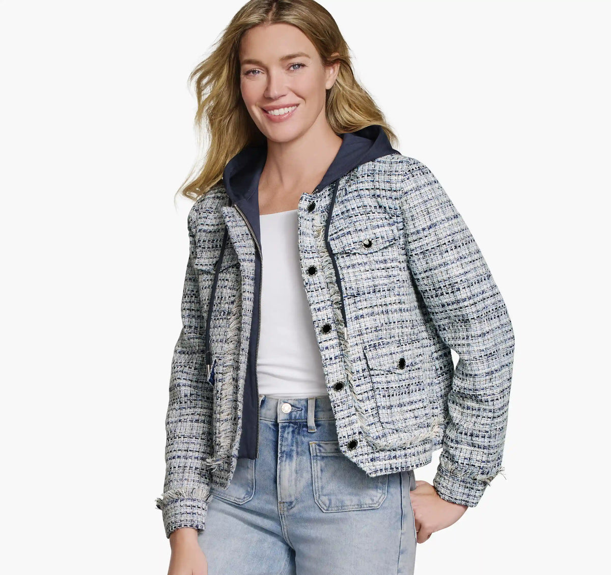 Tweed Jacket with Removable Hooded Bib - Navy/White Tweed with Navy Hooded Bib